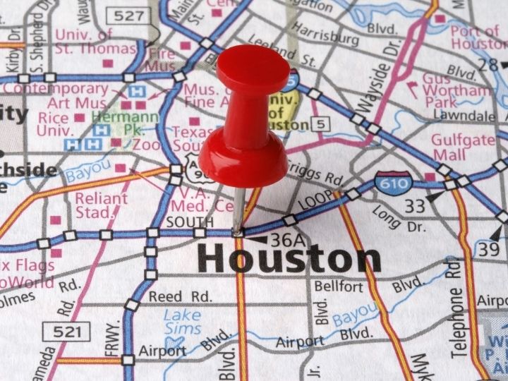 Map of Houston metro highlighting RV repair service areas including Katy, The Woodlands, and Sugar Land